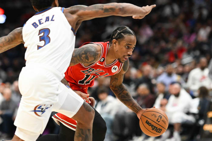October 21, 2022; Chicago Bulls forward DeMar DeRozan attacks the basket against Washington Wizards' guard Bradley Beal